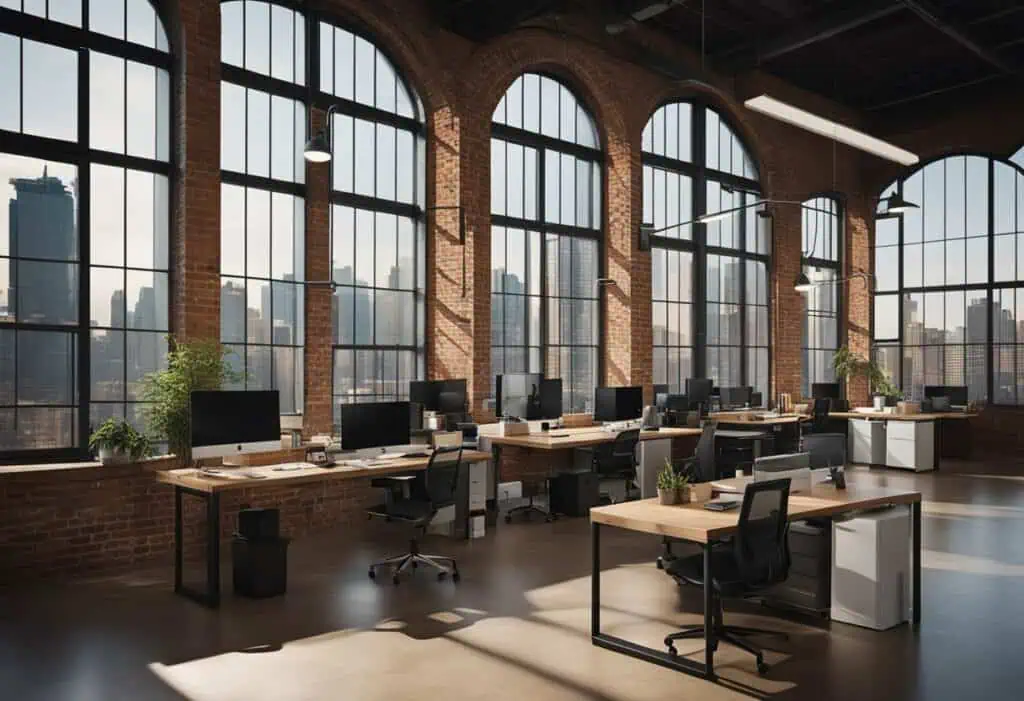 Loft style office design with spacious workspace and large windows for natural light.