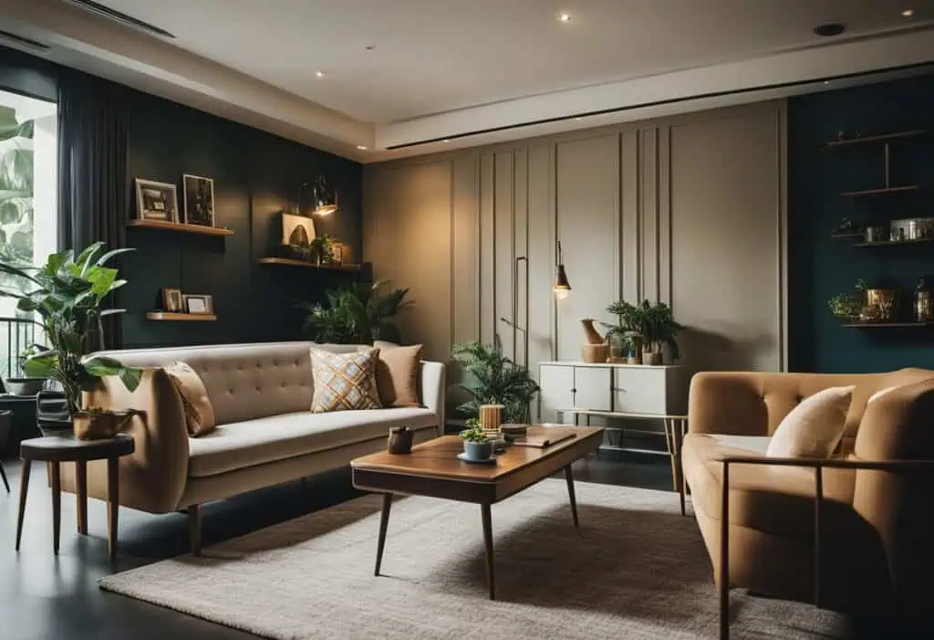 Retro furniture living room with vintage style sofas and wooden accents.