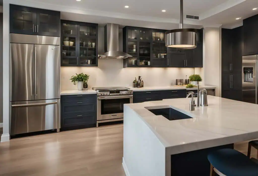 Spacious kitchen featuring a large island, dark cabinetry, and stainless steel appliances for contem.