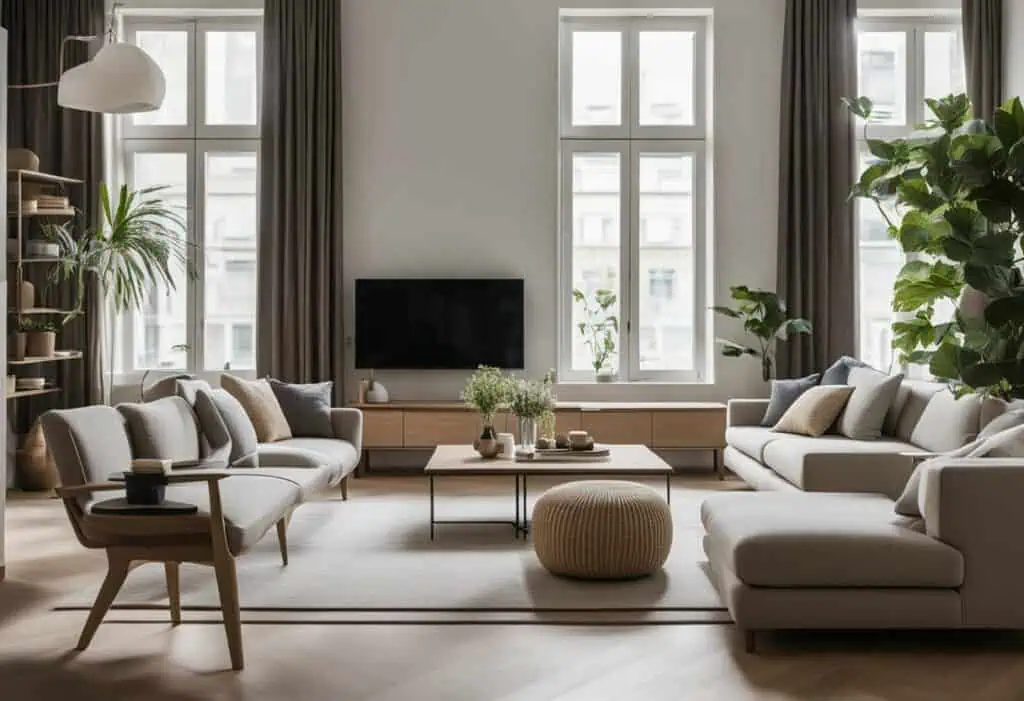 Bright narrow living room with large windows and minimalist decor.