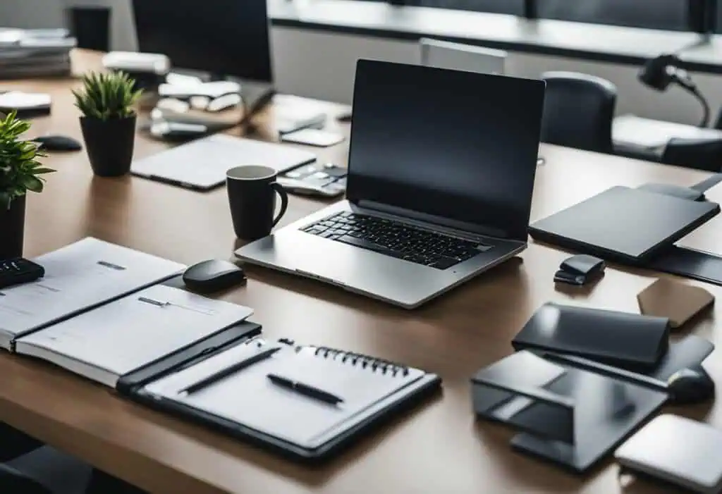 Modern office workspace with a long desk setup for optimal productivity and organization.