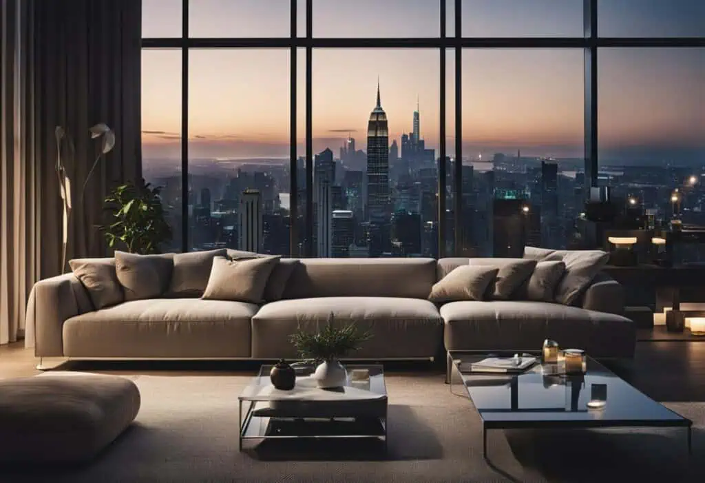 City skyline view from a modern living room with large windows in Singapore.