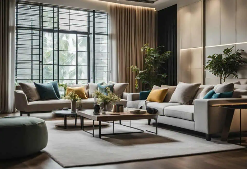 Luxurious living room featuring contemporary furniture, large windows, and lush greenery for a styli.