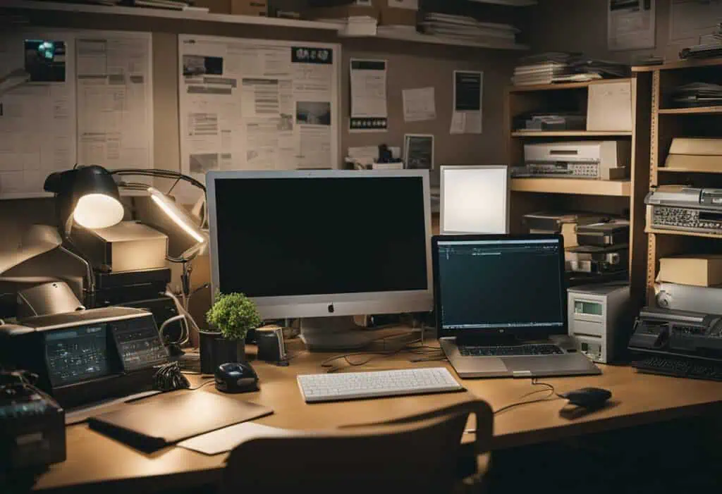 Organized office workspace with computers, desk accessories, and shelving for efficient work.