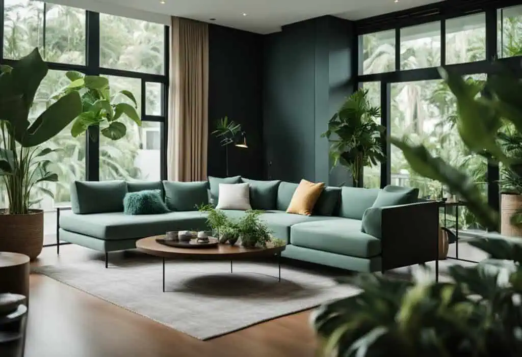 Stylish living room featuring a contemporary green sofa, lush indoor plants, and large windows for n.