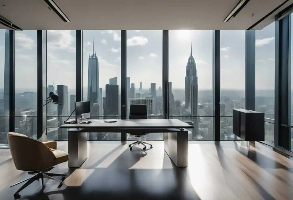 Luxury CEO Office Design with Floor-to-Ceiling Windows and Skyline View.