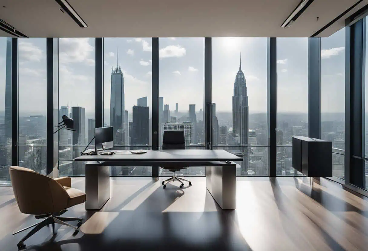 Luxury CEO Office Design with Floor-to-Ceiling Windows and Skyline View.