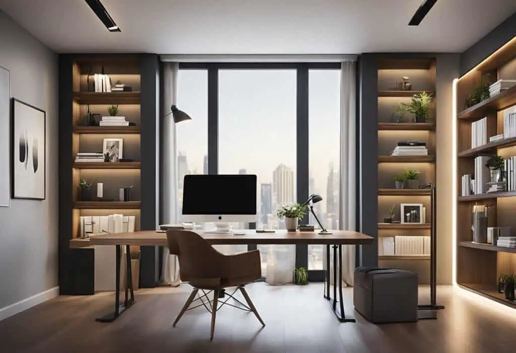 Modern luxury home office with custom shelving, large window, and stylish workspace setup.