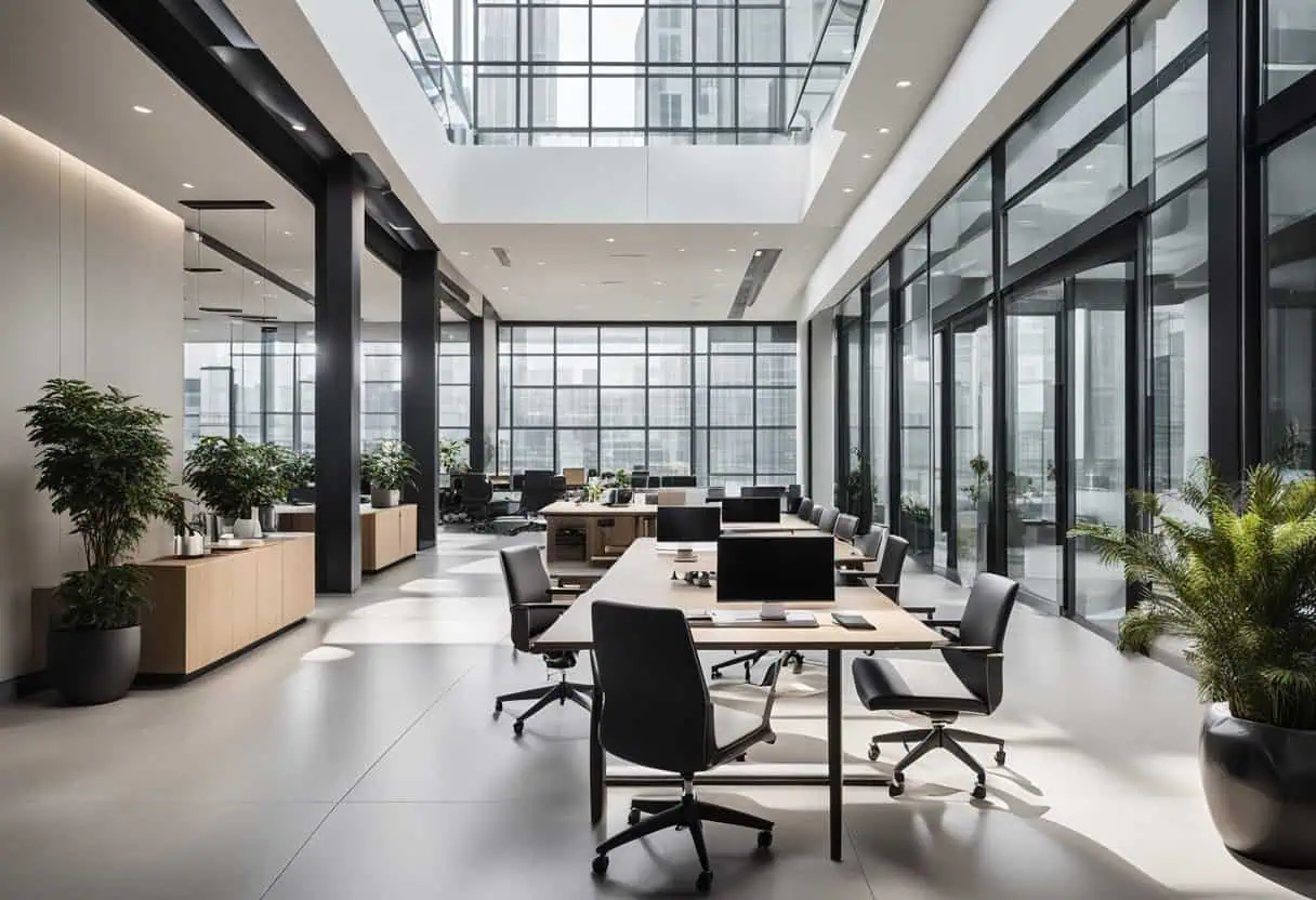 Elegant modern office with spacious layout, glass walls, and contemporary furniture for productivity.