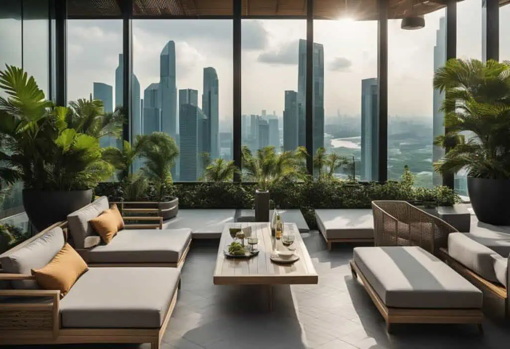 Outdoor furniture for stylish rooftop lounge in Singapore skyline.