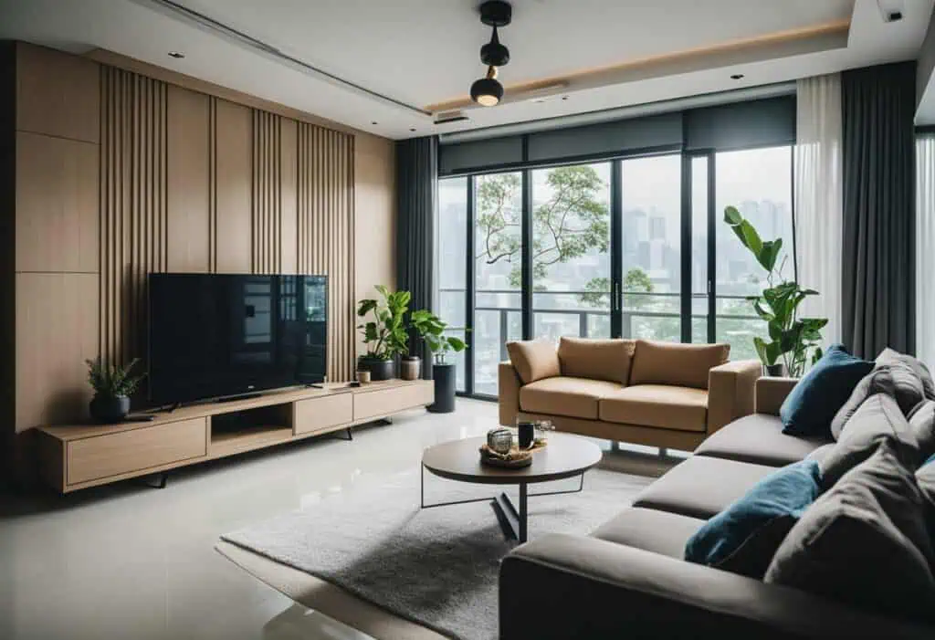 Stylish living room featuring high-quality sofas, a sleek TV unit, and large windows with city views.