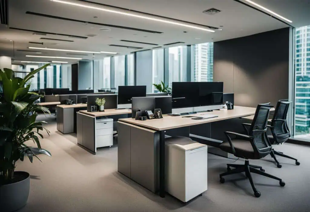 Office workspace with ergonomic desks and chairs in a bright, modern setting.