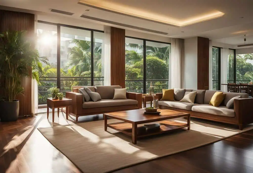Mahogany furniture in a modern living room with large windows and lush greenery outside.