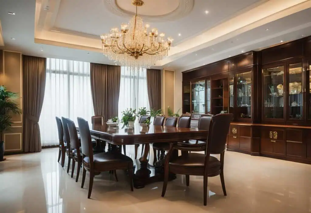 Mahogany wood dining table with matching chairs in a luxurious Singapore home. Perfect for sophistic.