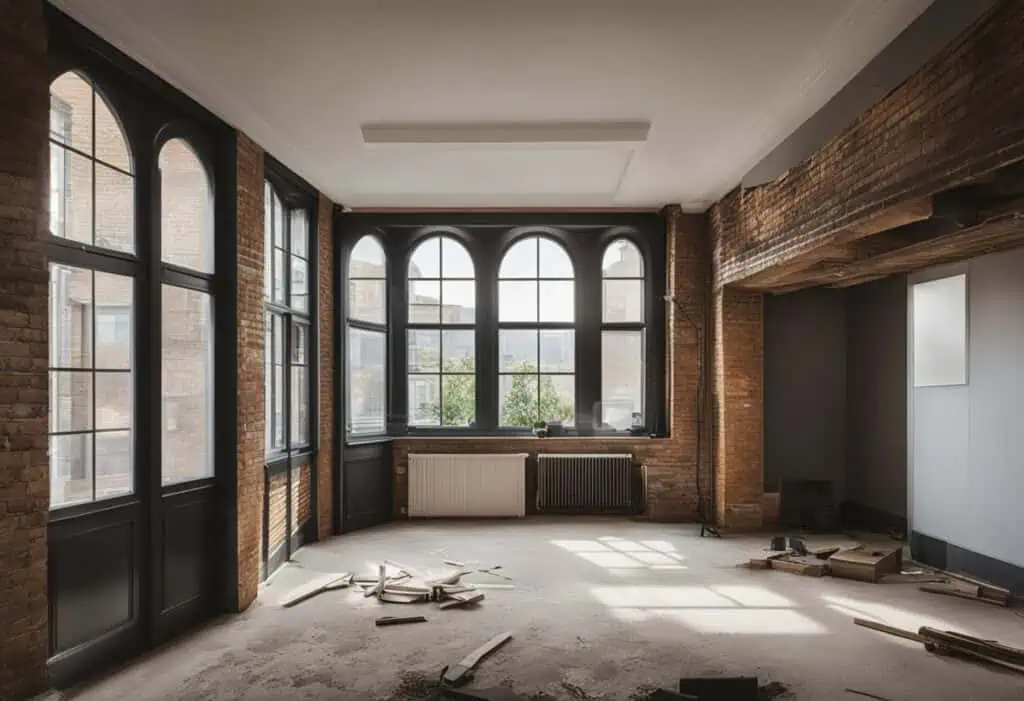 Spacious loft interior featuring large arched windows, exposed brick walls, perfect for home renovat.