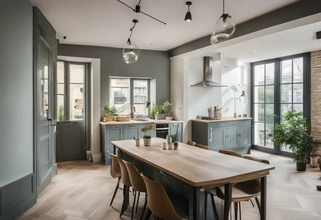 Bright and spacious kitchen featuring blue cabinets, large windows, and a cozy dining area.