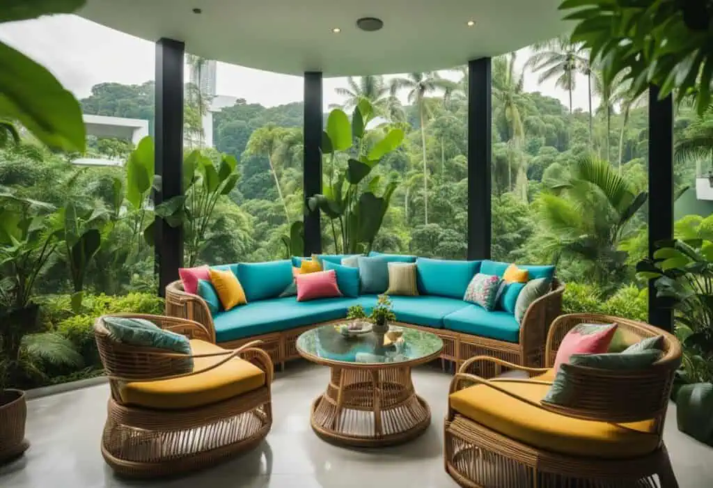Elegant Manila cane furniture with vibrant cushions in a lush tropical setting.
