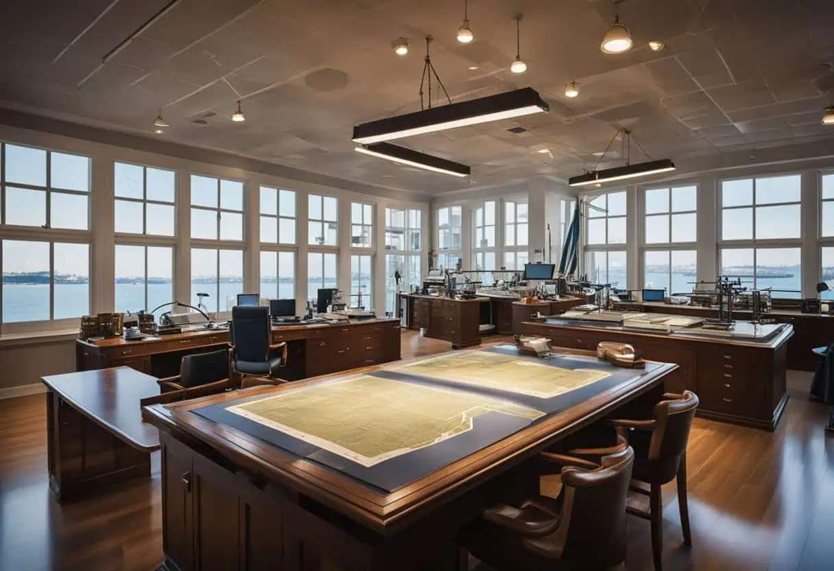 Modern shipbuilding design office with panoramic water views.