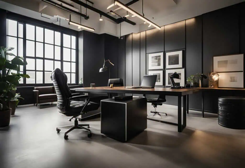 Sleek, professional office design with black accents, large windows, and contemporary decor for a ma.