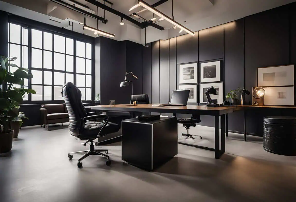 Sleek, professional office design with black accents, large windows, and contemporary decor for a ma.