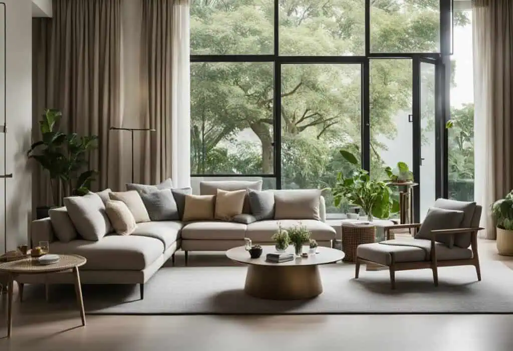 Elegant living room featuring Mason furniture pieces and large windows with lush greenery outside.