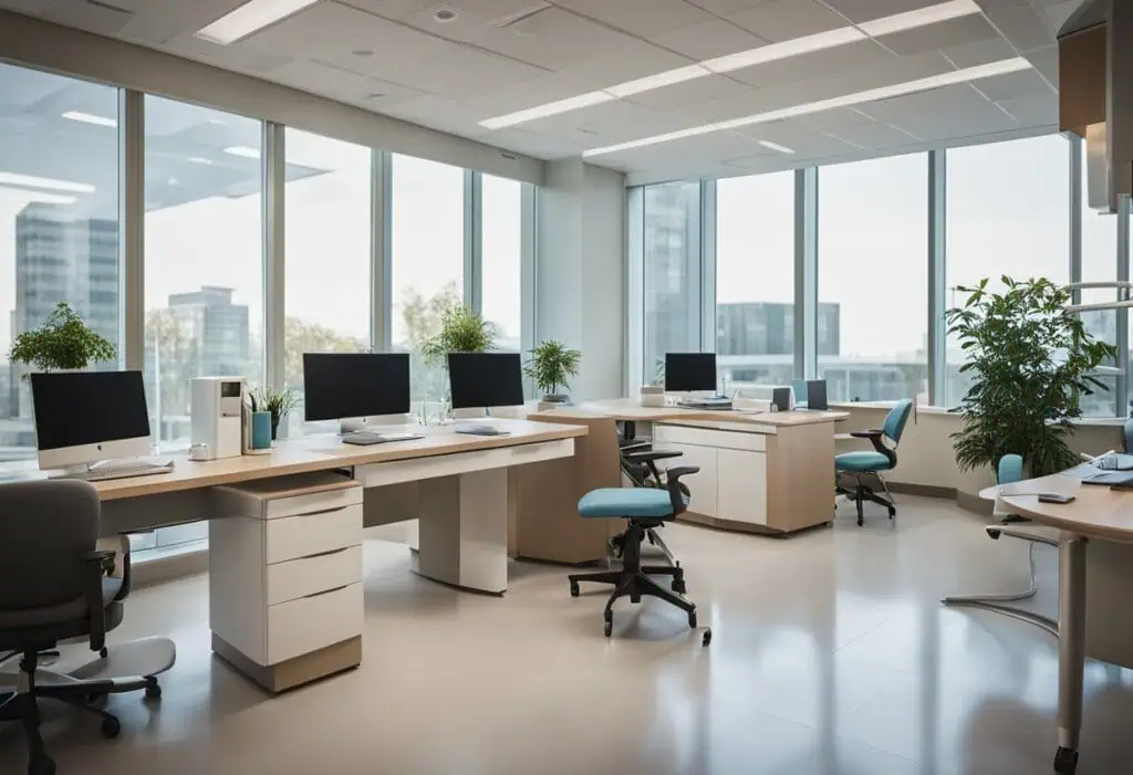 Bright, modern healthcare office with ergonomic desks and large windows.