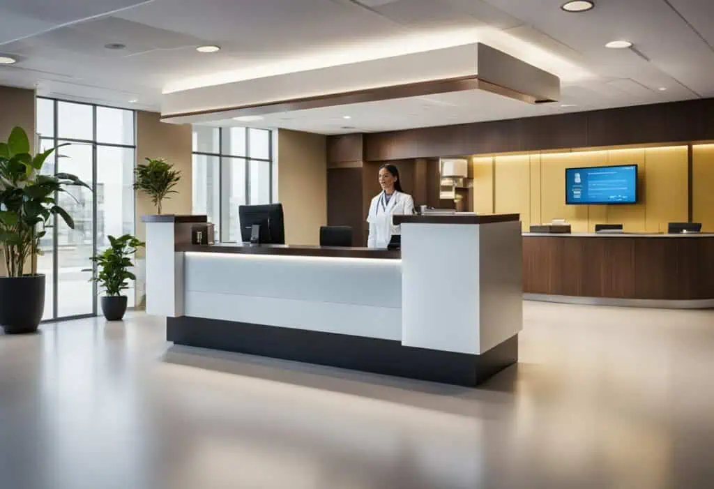 Contemporary medical office front desk with welcoming reception area.