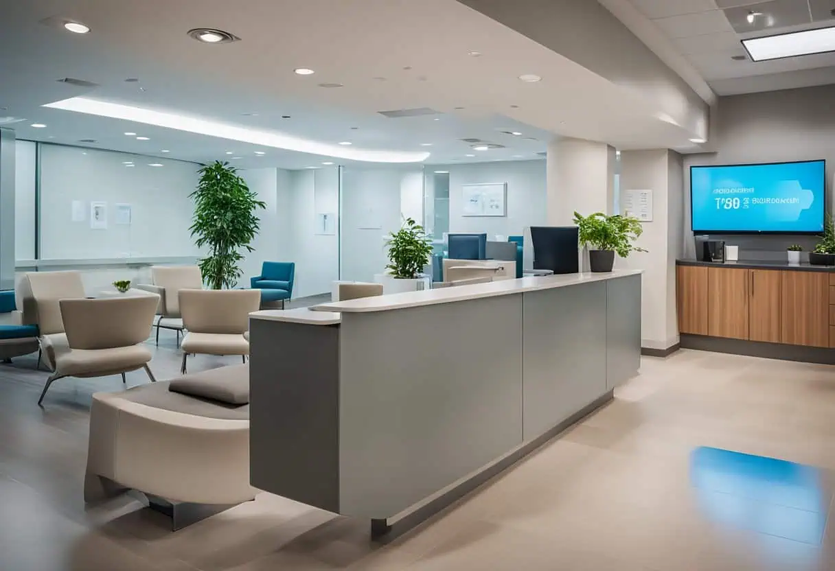 Contemporary medical office interior with sleek reception and comfortable seating.