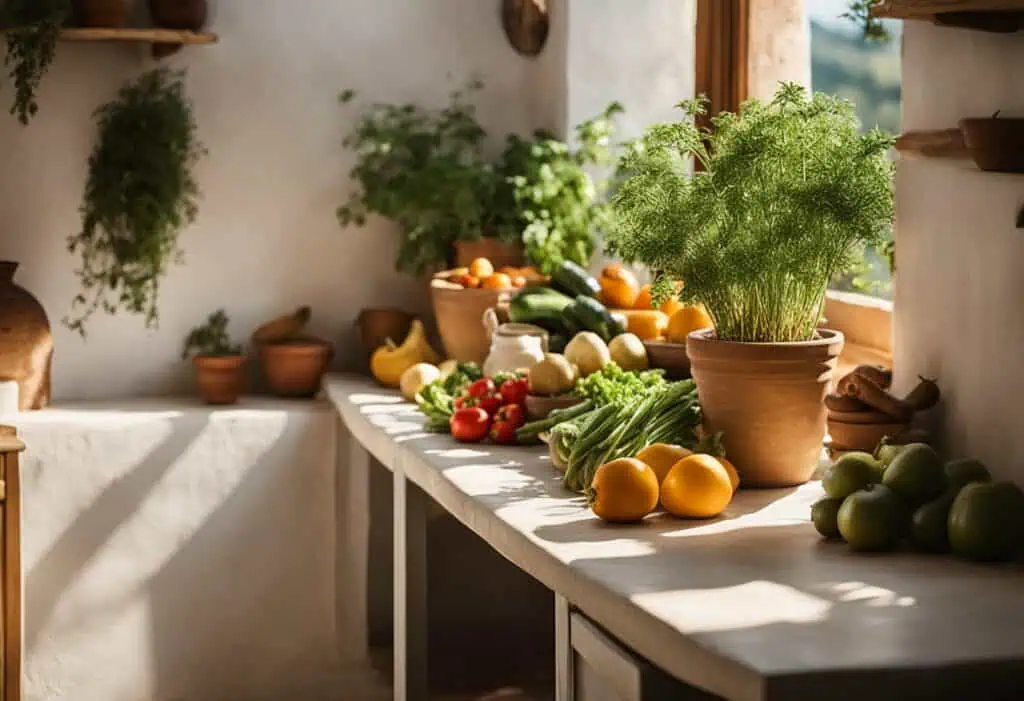 Bright Mediterranean kitchen with fresh herbs and vegetables on a rustic wooden counter.