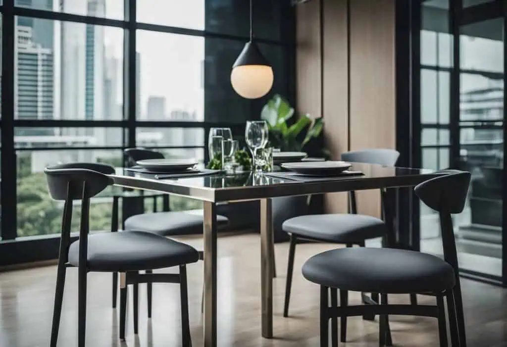 Metal dining table with sleek black finish, perfect for contemporary home and office spaces.