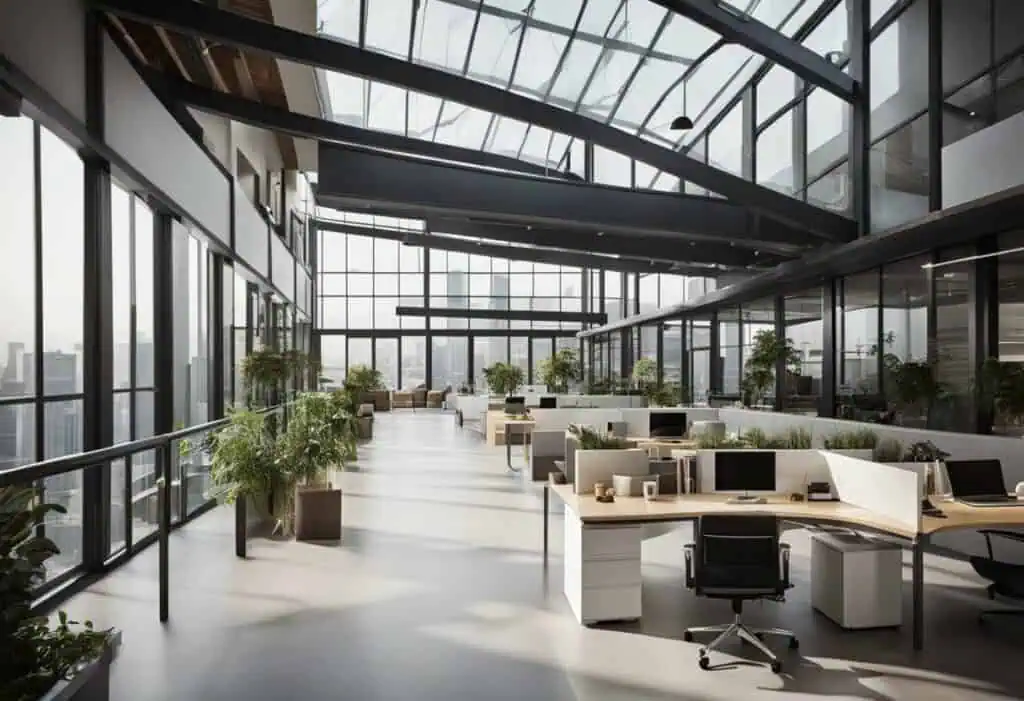 Modern mezzanine office design with open workspace, maximizing space and productivity.