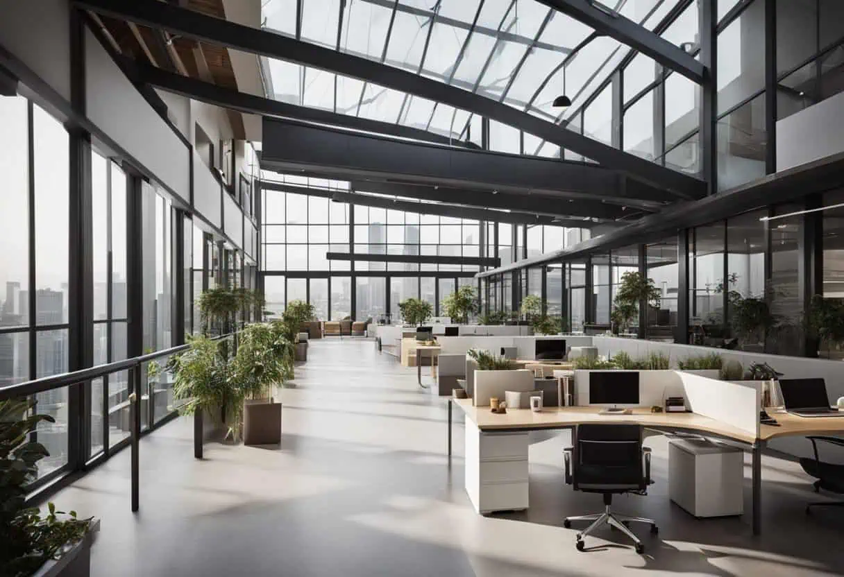 Modern mezzanine office design with open workspace, maximizing space and productivity.