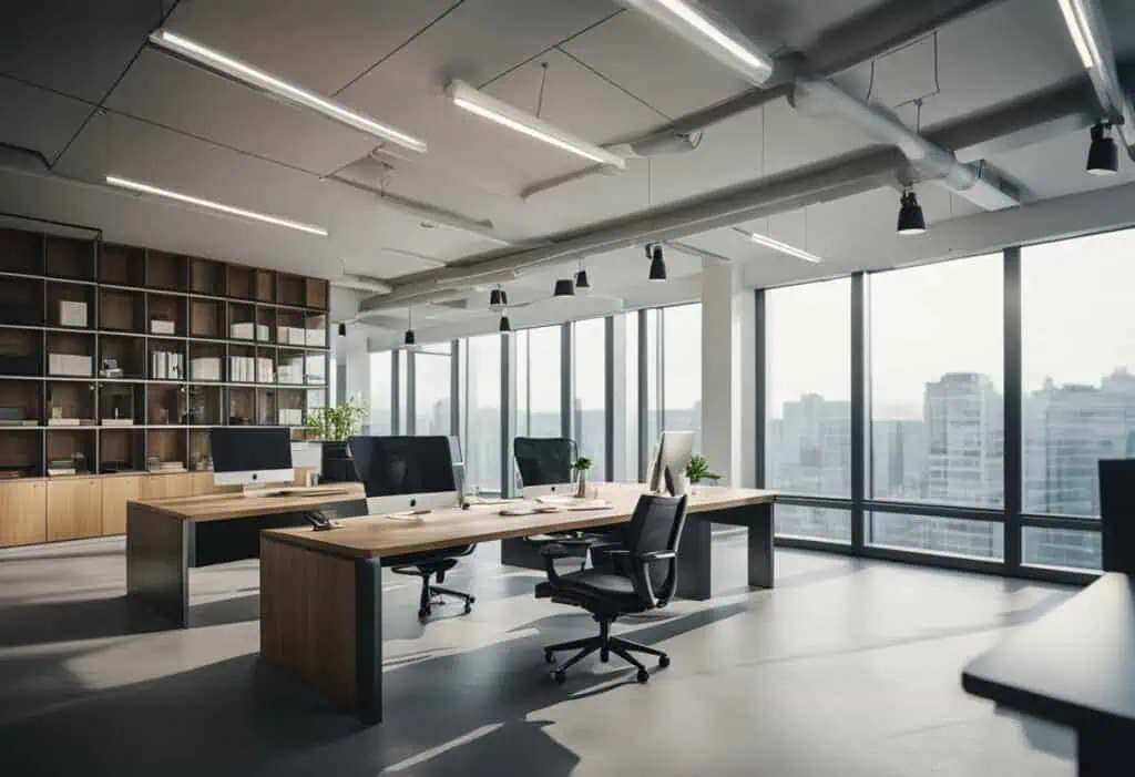Bright, spacious mezzanine office with large windows, ergonomic desks, and contemporary design to ma.