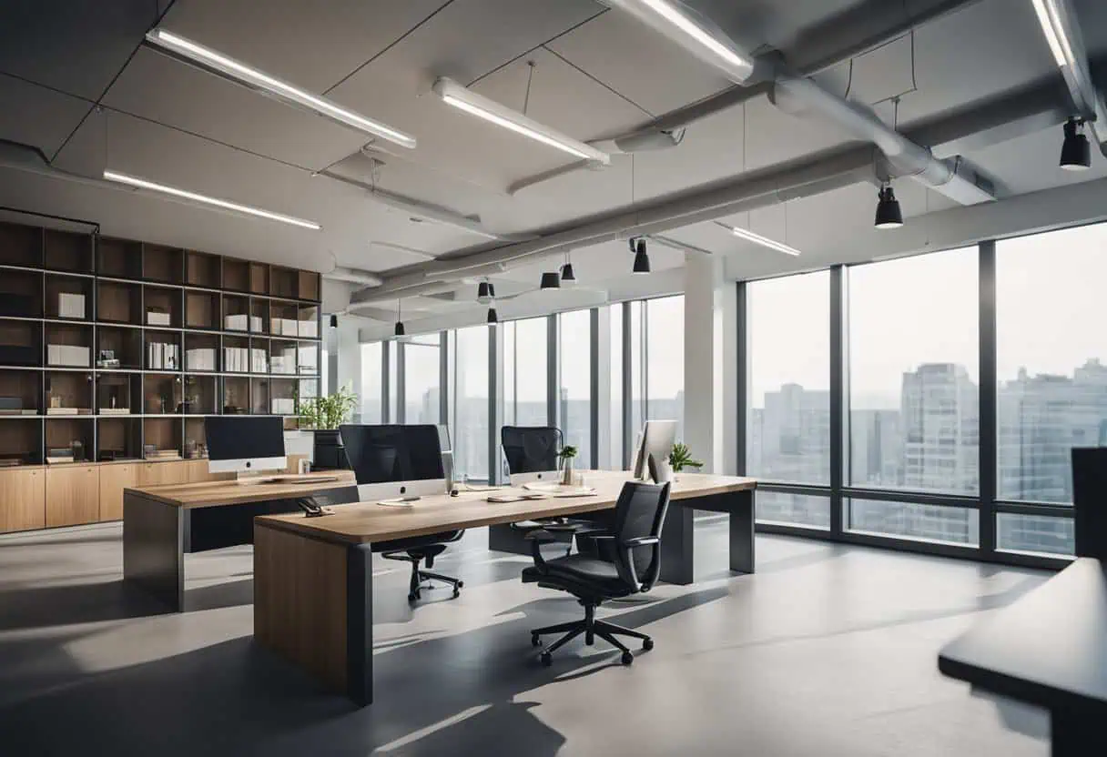 Bright, spacious mezzanine office with large windows, ergonomic desks, and contemporary design to ma.