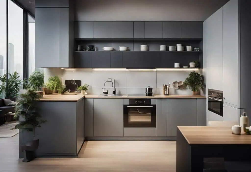Compact gray micro kitchen with efficient storage and modern appliances for small homes.