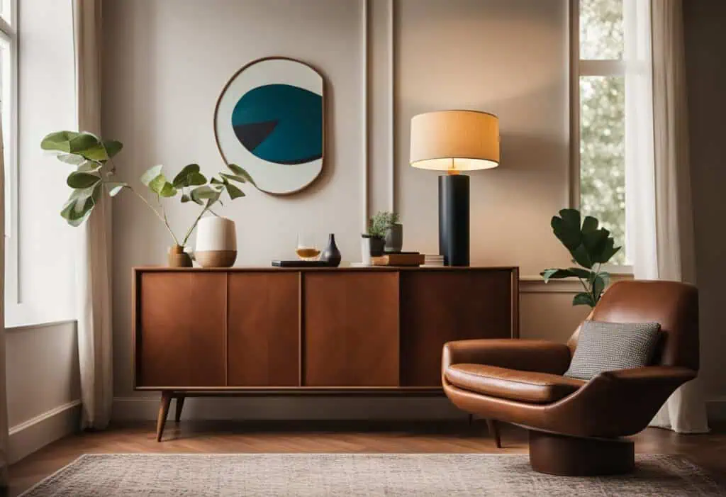 Elegant mid-century modern living room with vintage furniture and stylish decor.