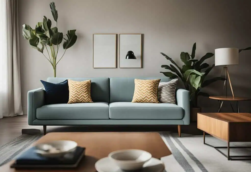 Stylish mid-century modern sofa with accent pillows in a contemporary living room.