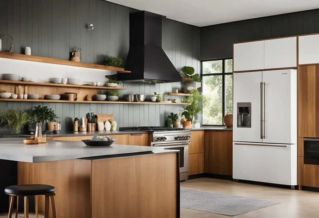 Stylish mid-century modern kitchen with wooden cabinets and sleek appliances.