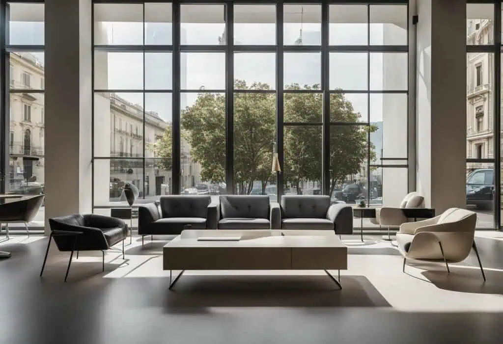 Elegant Italian furniture display in a bright, contemporary setting.