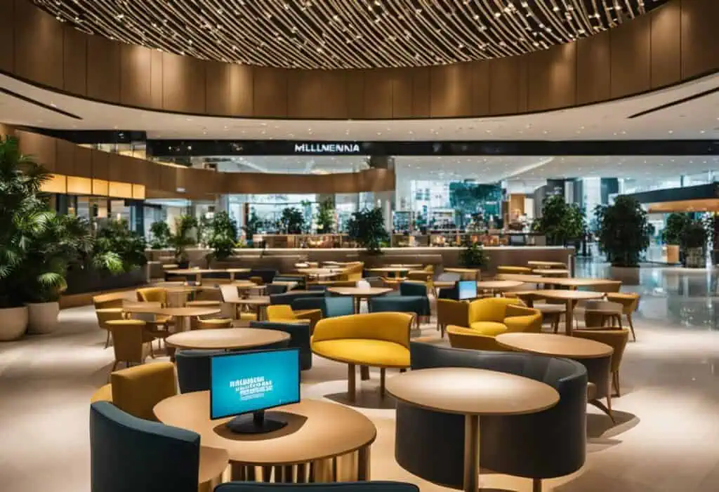 Comfortable lounge with modern furniture and city views in Singapore.