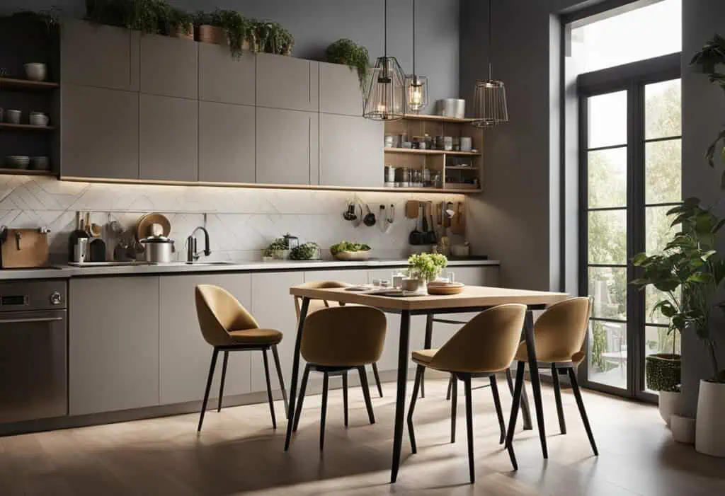 Contemporary small kitchen design emphasizing space-saving solutions and stylish decor.