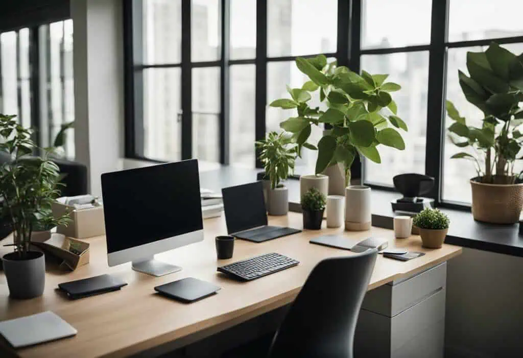 Office desk with plants and tech in a compact workspace.
