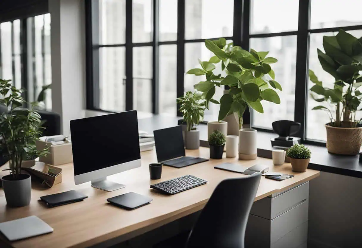 Office desk with plants and tech in a compact workspace.