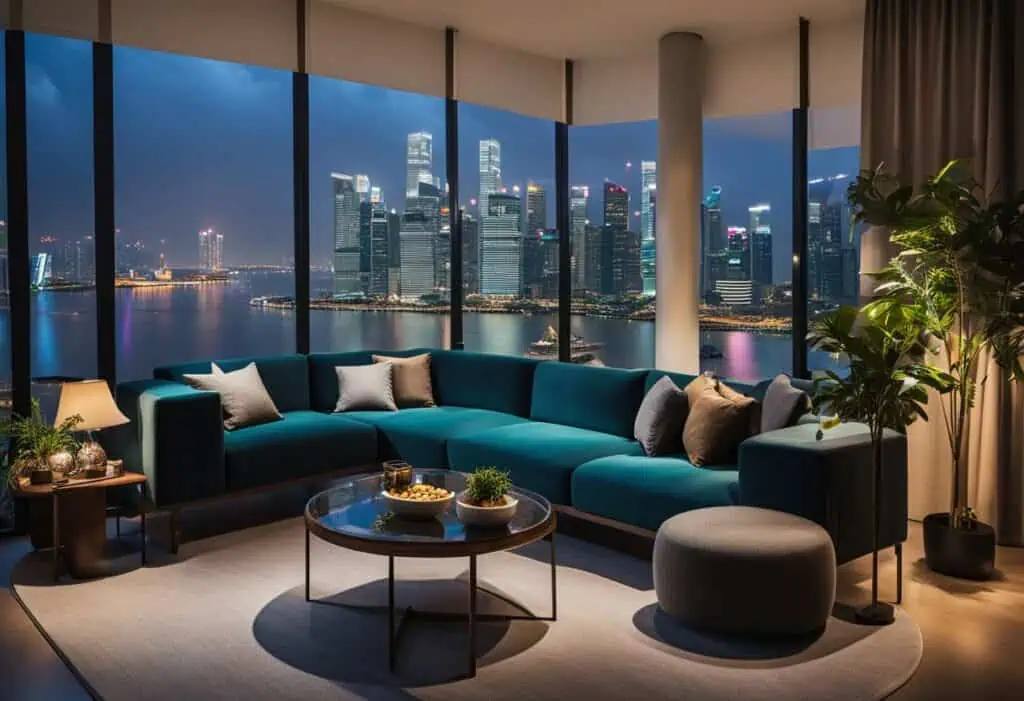 Elegant cityscape view with contemporary furniture and ambient lighting in a high-rise apartment.