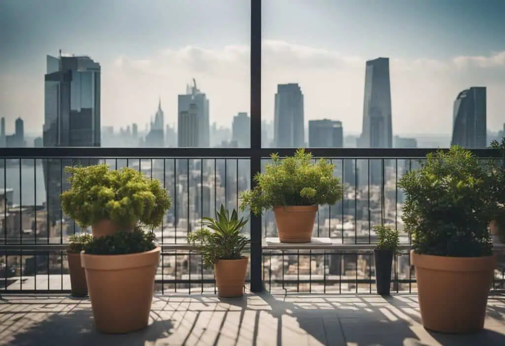 Balcony garden with potted plants overlooking a city skyline.
