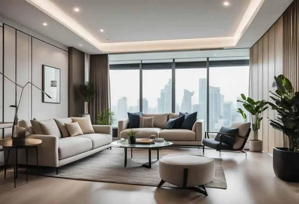 Elegant minimalist furniture in a stylish Singapore apartment living room.