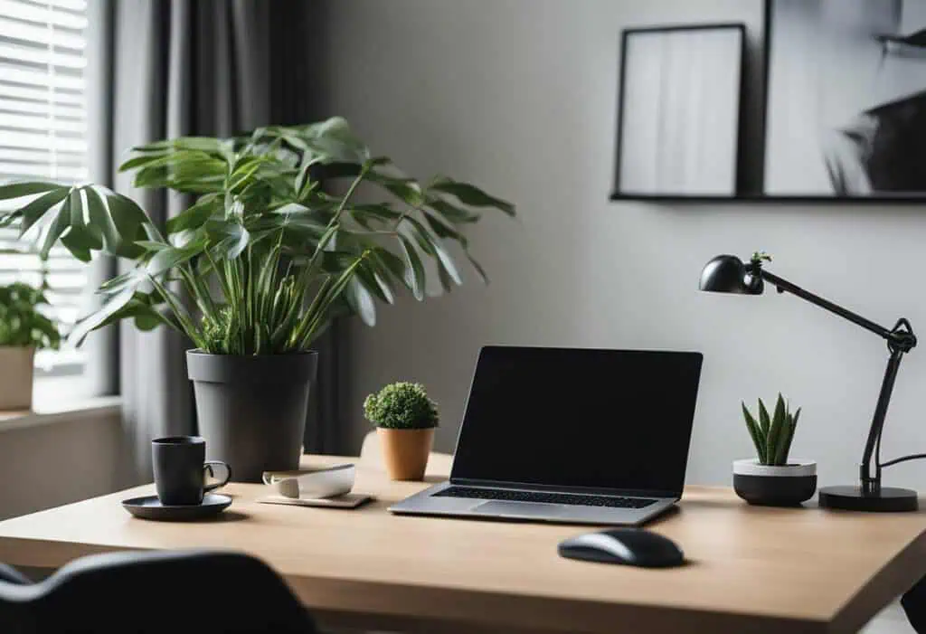 Modern minimalist home office with desk, laptop, plants, and natural light.