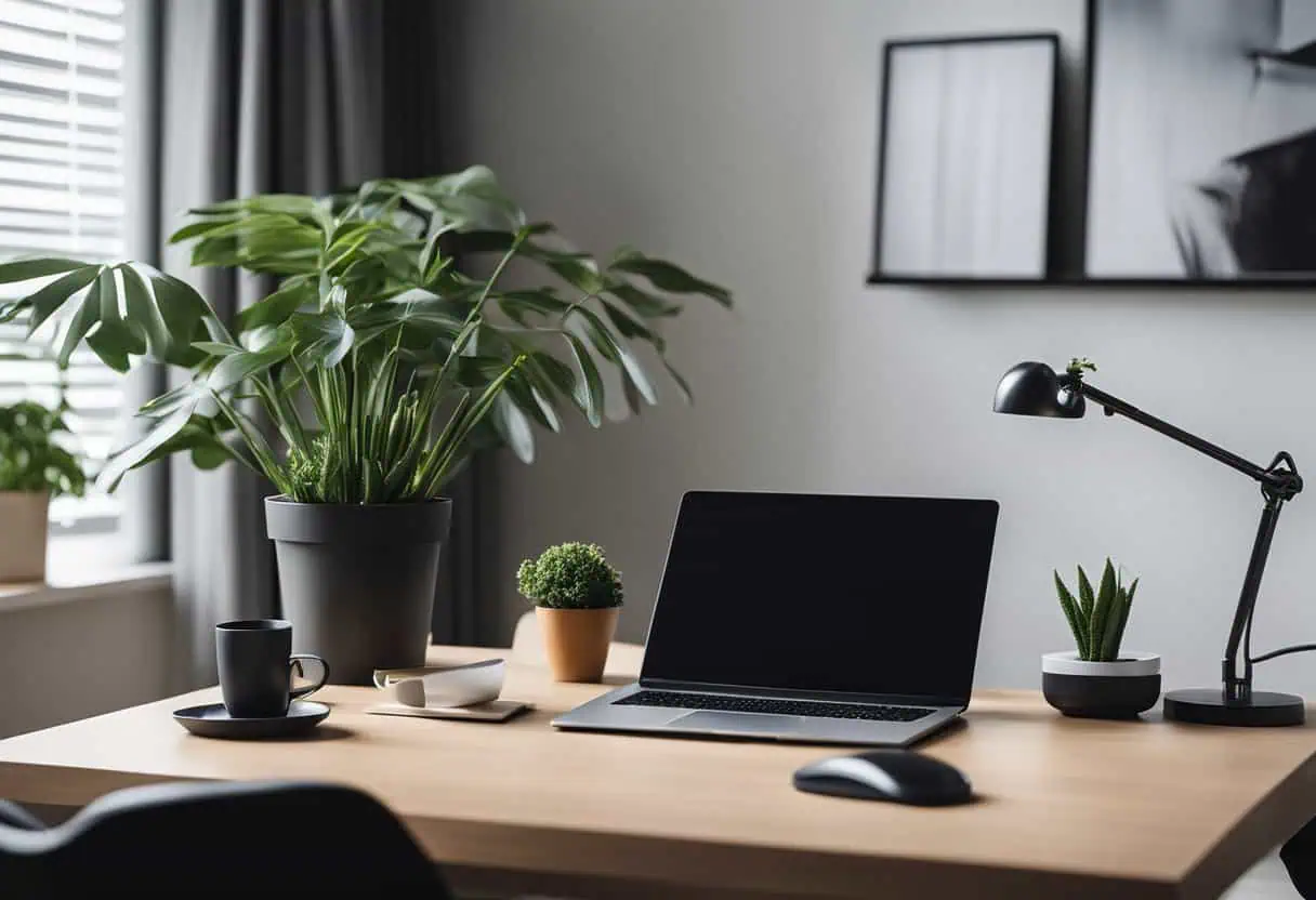 Modern minimalist home office with desk, laptop, plants, and natural light.