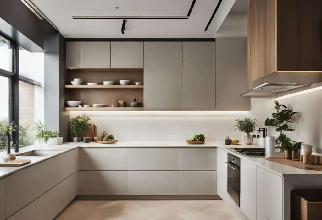 Elegant minimalist kitchen with sleek cabinetry and natural wood accents. Perfect for a clean, funct.