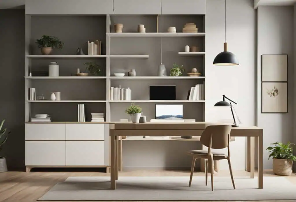 Stylish minimalist home office featuring open shelving, a wooden desk, and calming decor for a clutt.